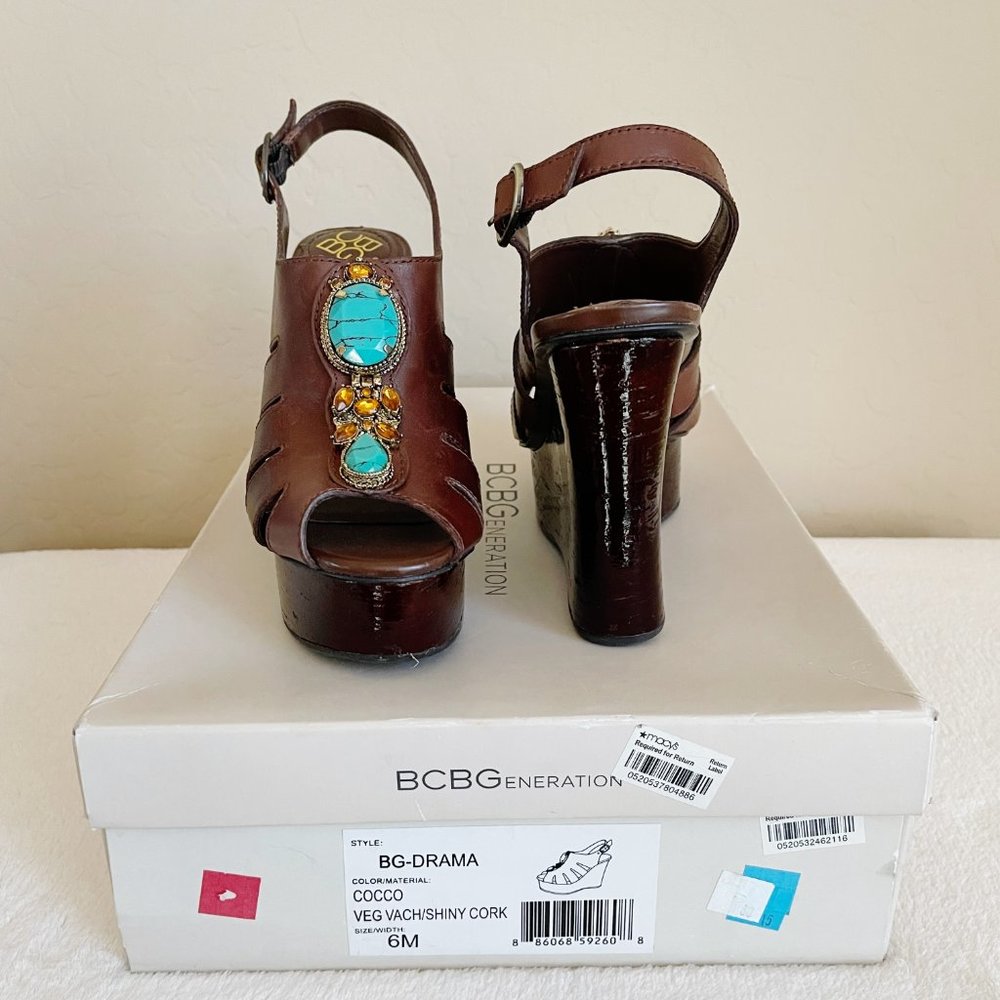 New BCBGeneration Sandals Drama Brown Turquoise Bead Stone Platform Wedge Sz 6 - Picture 4 of 13